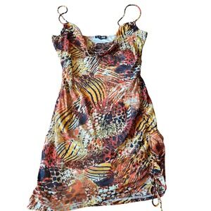 Fashion Nova Dress Medium Mini Bodycon Brown Orange Animal Print Drawstring club